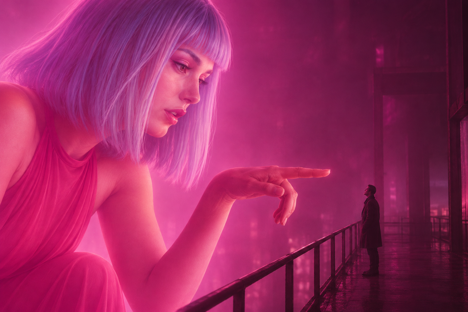 A small person on a walkway looks toward a giant glowing companion in a neon city